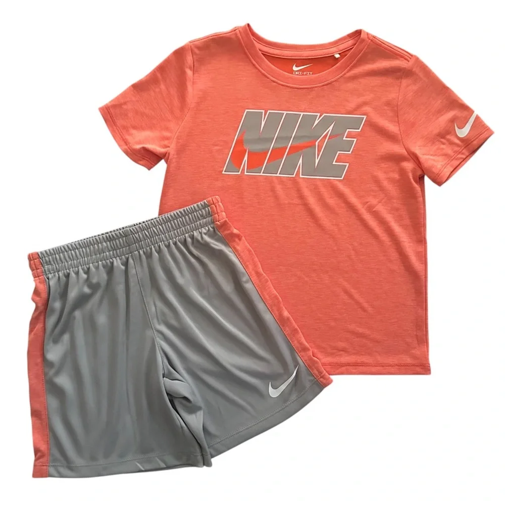 Boys Nike Dri-FIT 2 Pc Set Shirt & Shorts Orange Gray Size 5 NWT